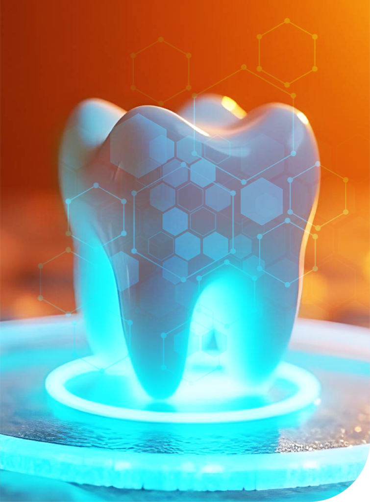 The image shows a glowing 3D-rendered tooth positioned on a futuristic platform with a bright blue light emanating from its base. The background is a warm gradient of orange tones, adding contrast to the tooth's cool, illuminated effect. Overlaying the image are translucent hexagonal patterns and molecular structures, symbolizing science, technology, and dental innovation. This visual emphasizes advanced dental care or technology.