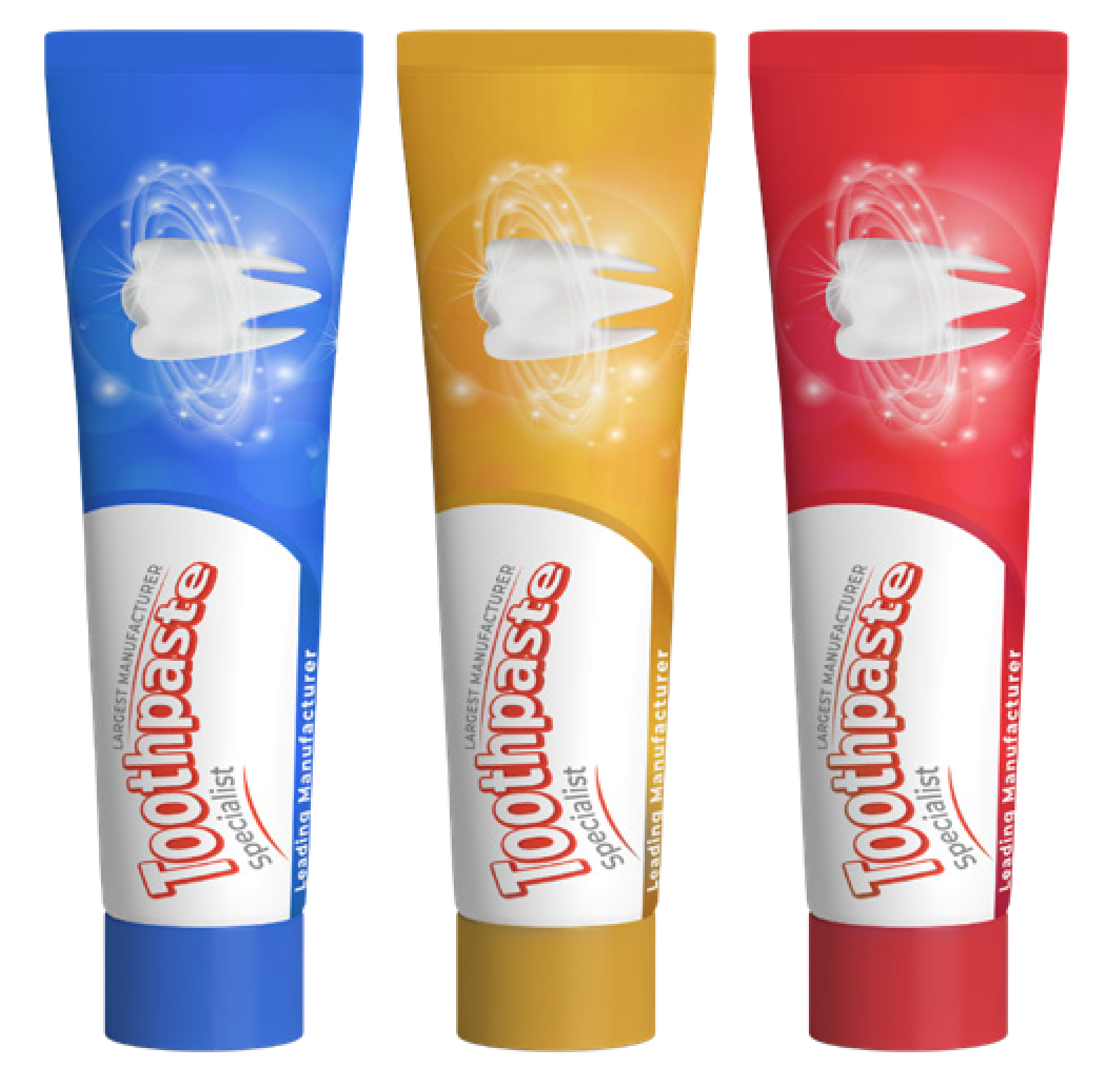 Three tubes of toothpaste are displayed in a row. The tubes are colored blue, yellow, and red from left to right. Each tube features a stylized tooth graphic and the words Toothpaste Specialist on the label.