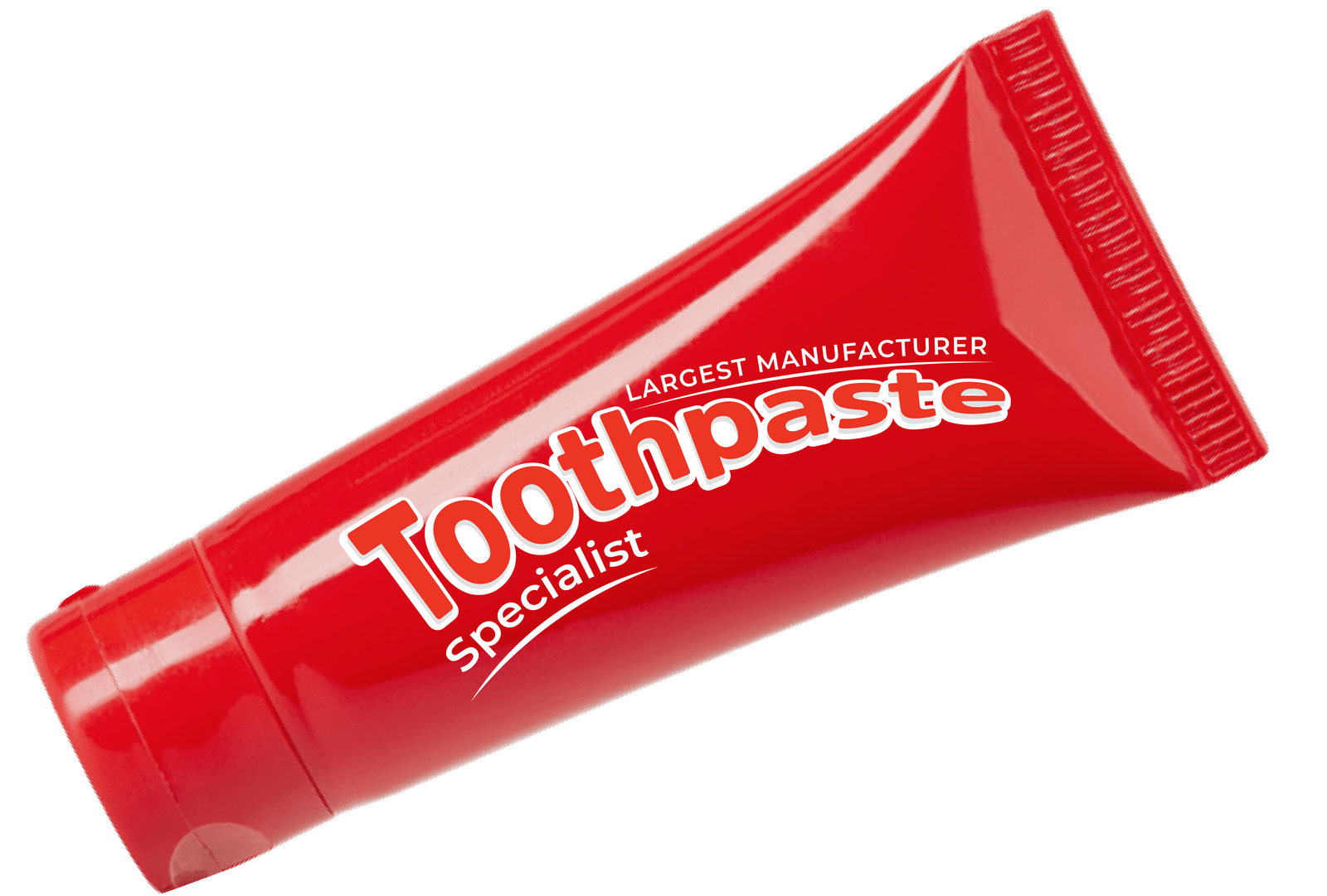 A red toothpaste tube labeled Toothpaste Specialist with Largest Manufacturer written above it. The tube is slightly tilted against a plain white background.