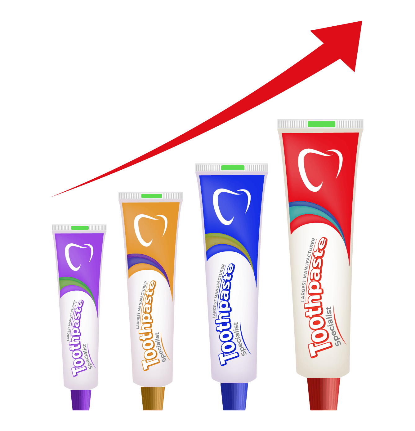 An illustration of four toothpaste tubes of increasing size, with a red upward arrow above them, indicating growth or progress. Each tube has a different color cap: purple, orange, blue, and red.