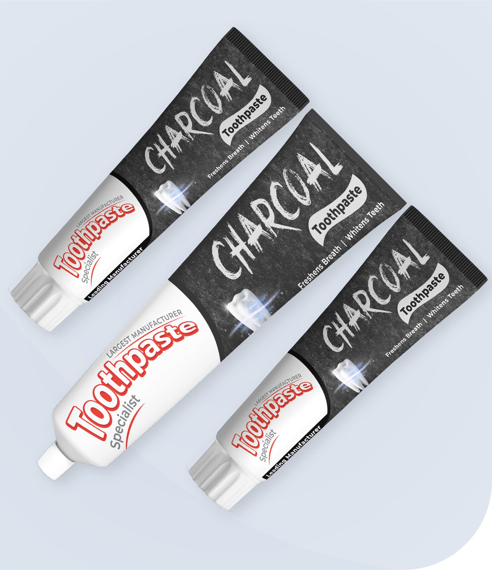 Three tubes of toothpaste are displayed, two are labeled Charcoal for whitening and freshening breath, and one is labeled Toothpaste Specialist, highlighting it as a product from the largest manufacturer. The tubes have a black and white design.