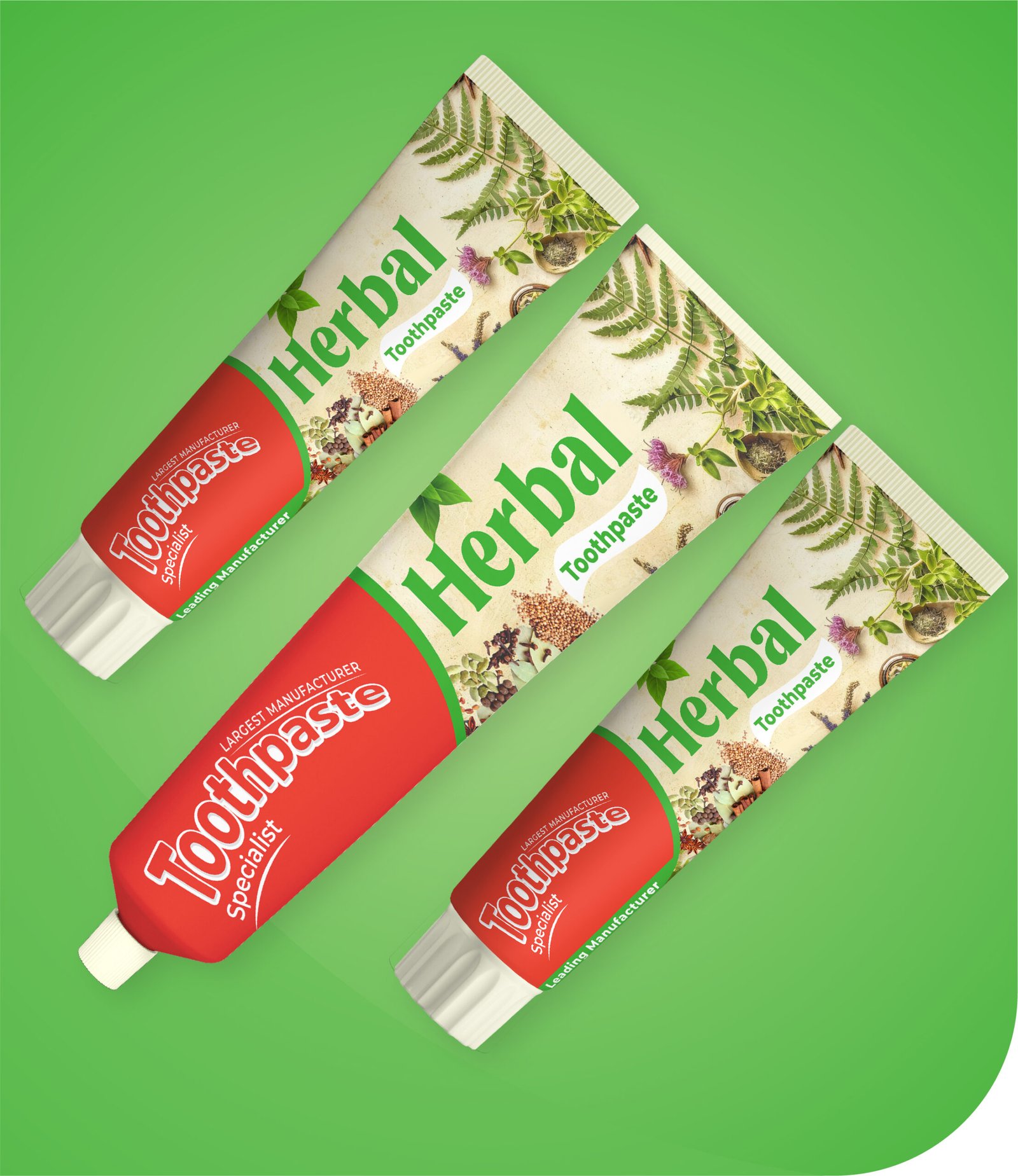 Three toothpaste tubes on a green background. Two are labeled Herbal Toothpaste with images of plants, and one is labeled Toothpaste Specialist in red and white.