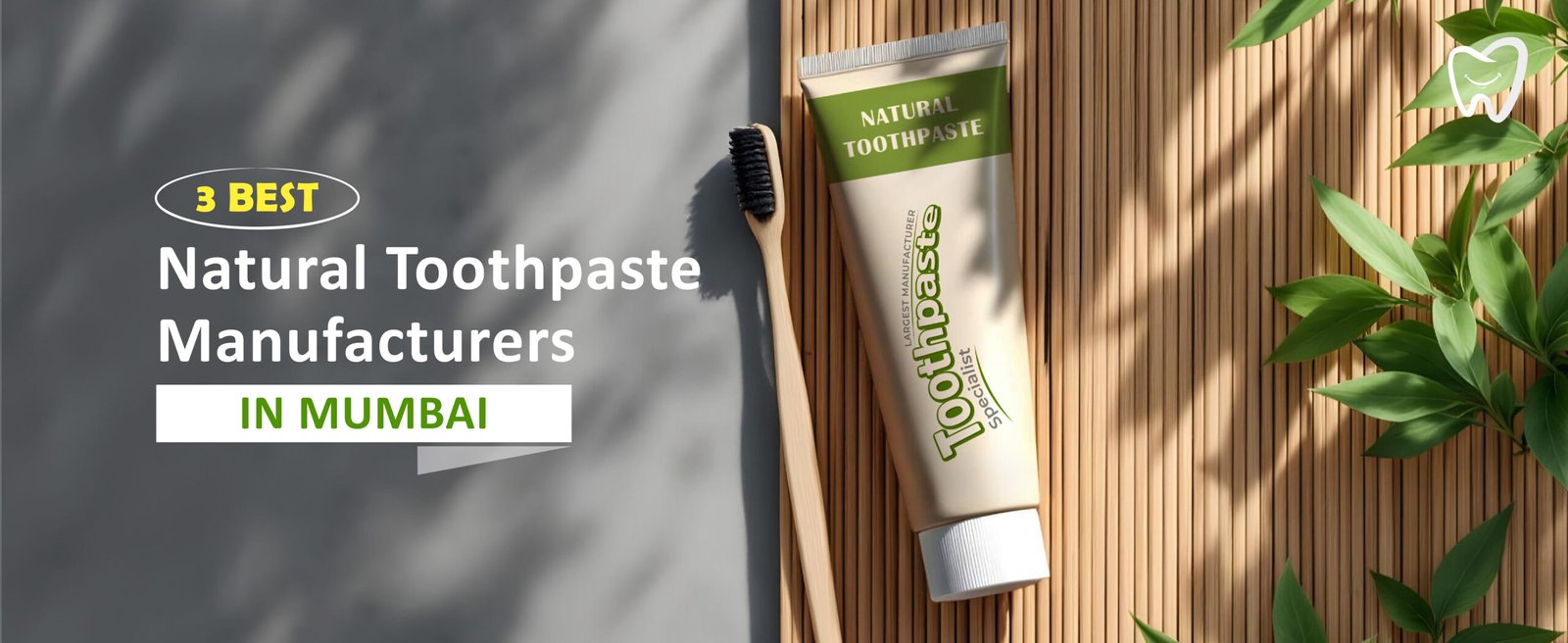 Tube of natural toothpaste and a wooden toothbrush on a bamboo mat. Text reads: 3 Best Natural Toothpaste Manufacturers in Mumbai. A small graphic of a tooth is in the top right corner. Sunlight casts shadows of leaves on the mat.