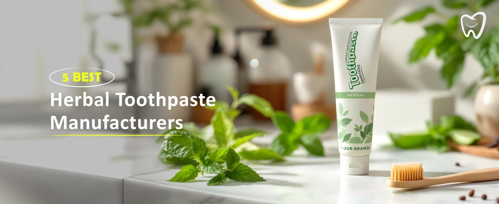 A herbal toothpaste tube sits on a marble counter surrounded by fresh mint leaves, a wooden toothbrush, and various toiletry items.Text reads: "5 Best Herbal Toothpaste Manufacturers.