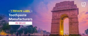 Bright dawn illuminating the India Gate in Delhi, with text highlighting "7 Private Label Toothpaste Manufacturers."