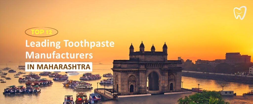 An monument at sunset with boats in the water. Text reads: "Top 12 Leading Toothpaste Manufacturers in Maharashtra.