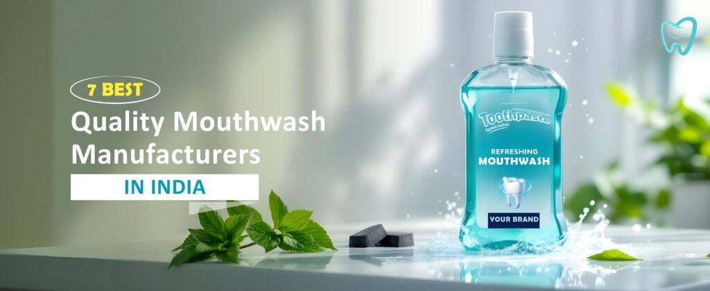7 Best Quality Mouthwash Manufacturers in India Bottle of refreshing mouthwash surrounded by mint leaves, promoting the 7 best mouthwash manufacturers in India.