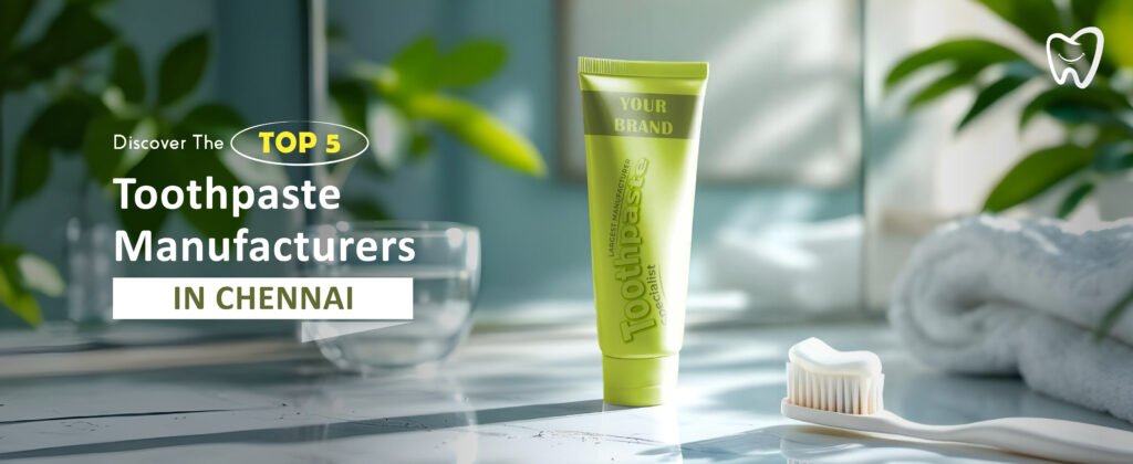 Discover the Top 5 Toothpaste Manufacturers in Chennai A green toothpaste tube labeled "YOUR BRAND" beside a toothbrush, set against a bright, plant-filled background.