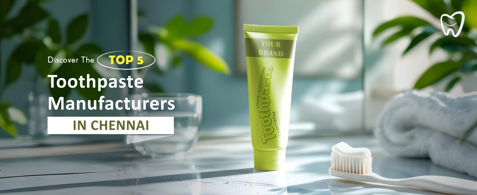 A green toothpaste tube labeled "YOUR BRAND" beside a toothbrush, set against a bright, plant-filled background.