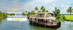 A houseboat cruises through a lush, green waterway in Kerala. Text overlay reads Top 5 Toothpaste Manufacturers in Kerala with a tooth icon in the top right corner. Palm trees and a clear sky are in the background.